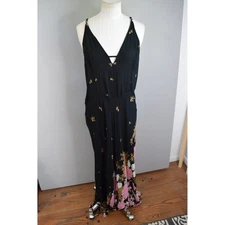 Free People Get To You Black Maxi Slip Dress Large Floral Print Strappy Back