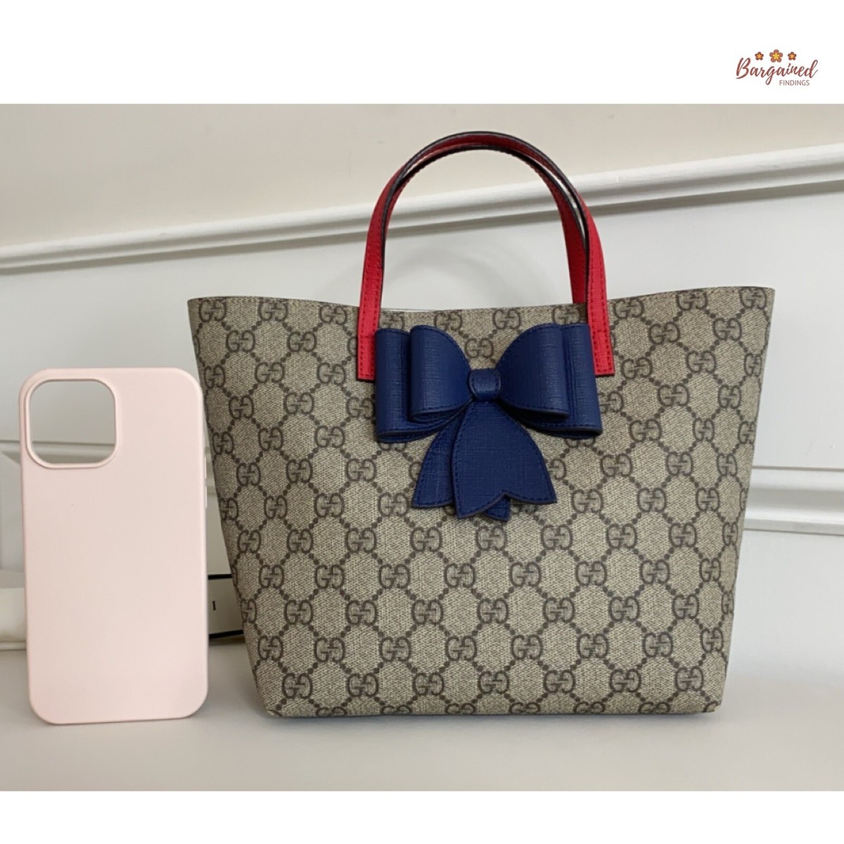 Authentic GUCCI Brown GG Supreme Monogram Red Leather Blue 