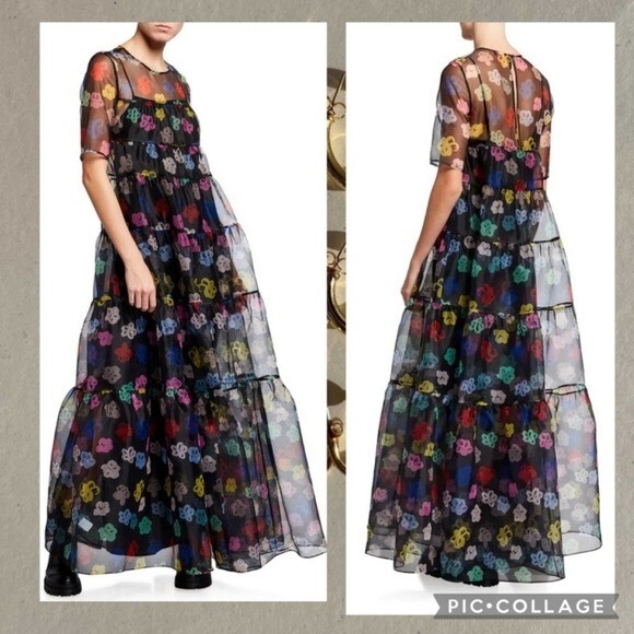 staud hyacinth tiered organza dress Staud Hyacinth Tiered Organza Maxi Dress, Rainbow Bloom Bla, Women's, XS, Casual & Work Dresses Maxi Dresses