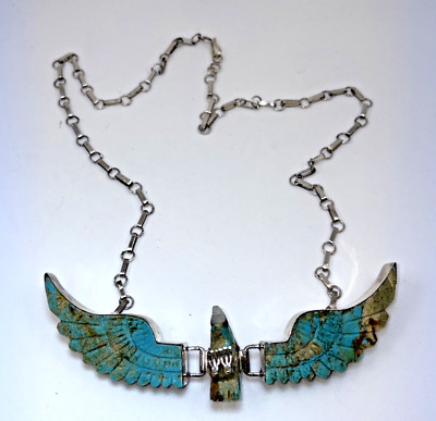 NAVAJO VINTAGE STERLING SILVER TURQUOISE EAGLE NECKLACE 4 1/2'' WINGS SPAN 22'' L