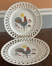 Vintage Berggren Scandinavian Folk Art Rooster Plate Openwork Laced Edge ~ Pair