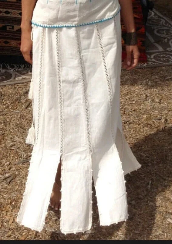 Falda Lobos Del Mar Brisa Mujer L Marfil Algodón Dobladillo Dividido Detalle de Encaje Midi Maxi Foto 2 de 4