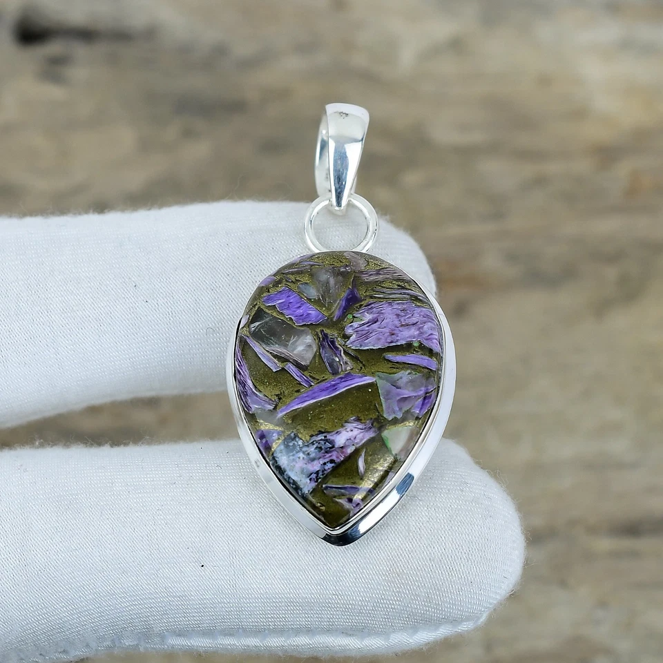 Pendente In Charoite Di Rame In Argento Sterling 925 Regalo Boho Per Amore - Immagine 2 di 4
