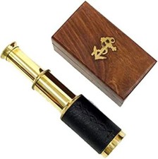 6" Brass Handheld Telescope with Wooden Box - Pirate with Anchor Wood