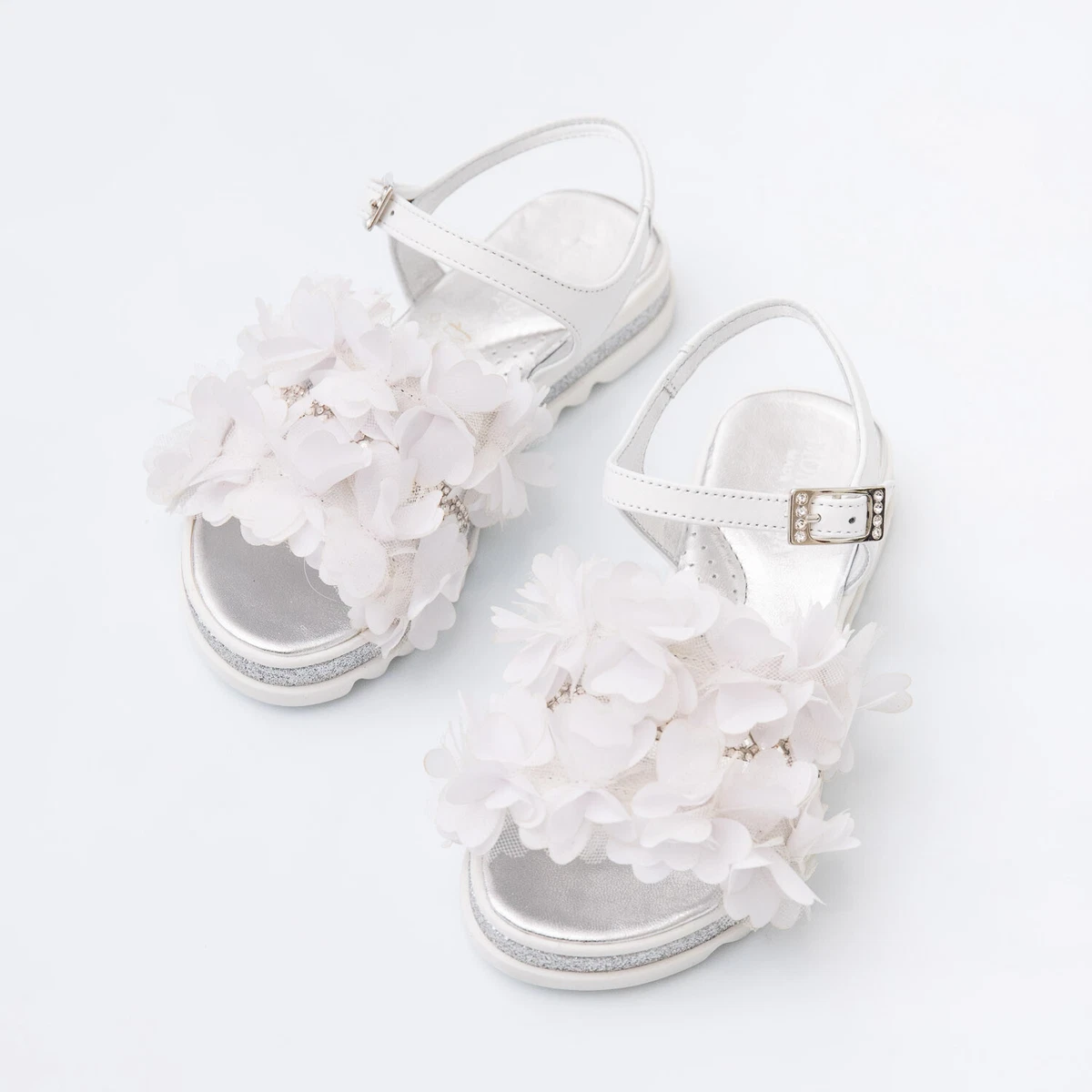 SANDALI ARGENTI BIANCHI FIORI BAMBINA TG 34 35 36
