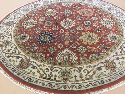 5'.11'' X 5'.11'' Rust Beige Sarape Oriental Rug Round Hand Knotted Wool