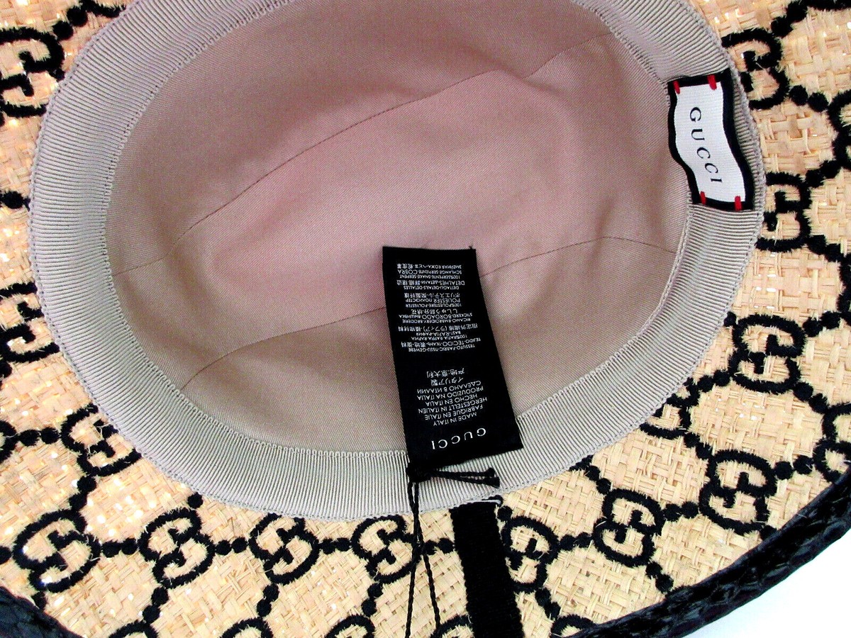 $750 GUCCI Natural Raffia Straw Black Embroidered GG Logo FEDORA