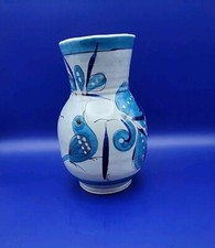 Mexico Pottery Vase With Bird and Leaves Blue Tones Glazed 6 1/2" Tall