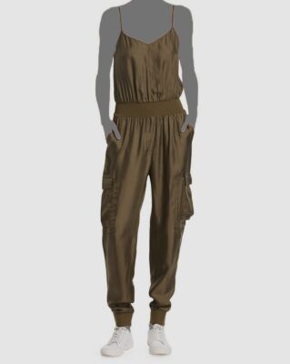$396 Cinq A Sept Women's Green Amia Twill V-Neck Jumpsuit Size L