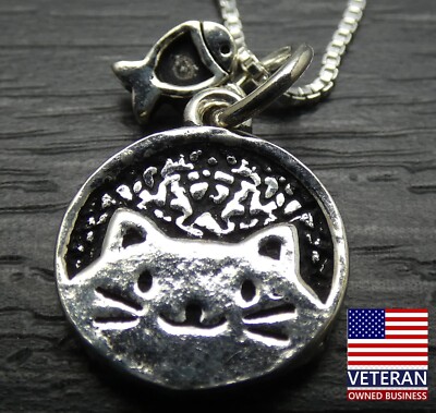 Sterling Silver Round Kitty Cat Fish Pendant Box Chain Necklace 30 inches