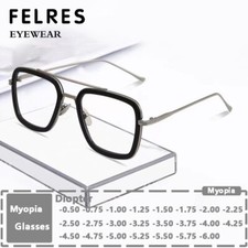 Men Women Square Metal Anti Blue Light Nearsighted Glasses Full Frame Glasses