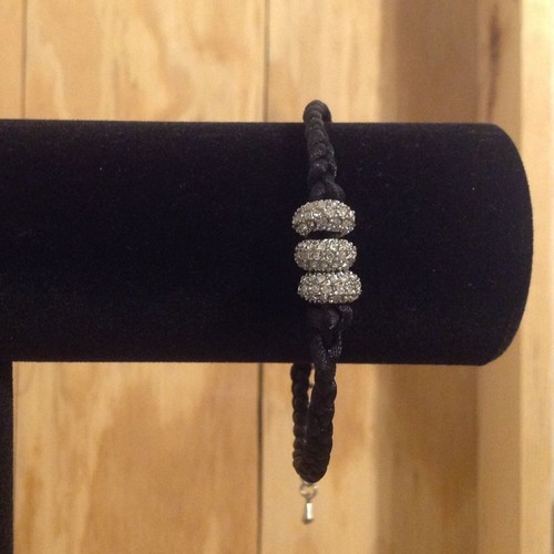 Silver Tone Black Braided Bracelet Clear Crystals