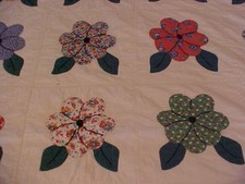 APPLIQUED QUILT, FLOWERS in FEEDSACK, DARK GREEN BORDER, 1930s HAND PIECED