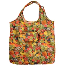Reusable Tote Shopping Back with zip carrying clutch Tropical Fruits 18"x16"
