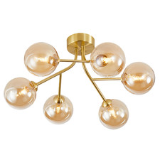 Designer Satin Gold 6-Arm Ceiling Light Fixture with Amber Tinted Glass Shade...