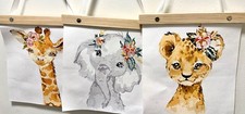 3 Nursery PICTURES-Baby Safari Animals Hand painted kids wall hanging room decor