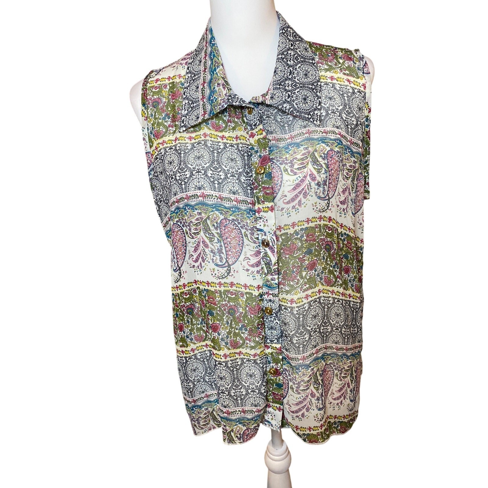 Lavish Button Down Sheer Multi Pattern Sleeveless… - image 1