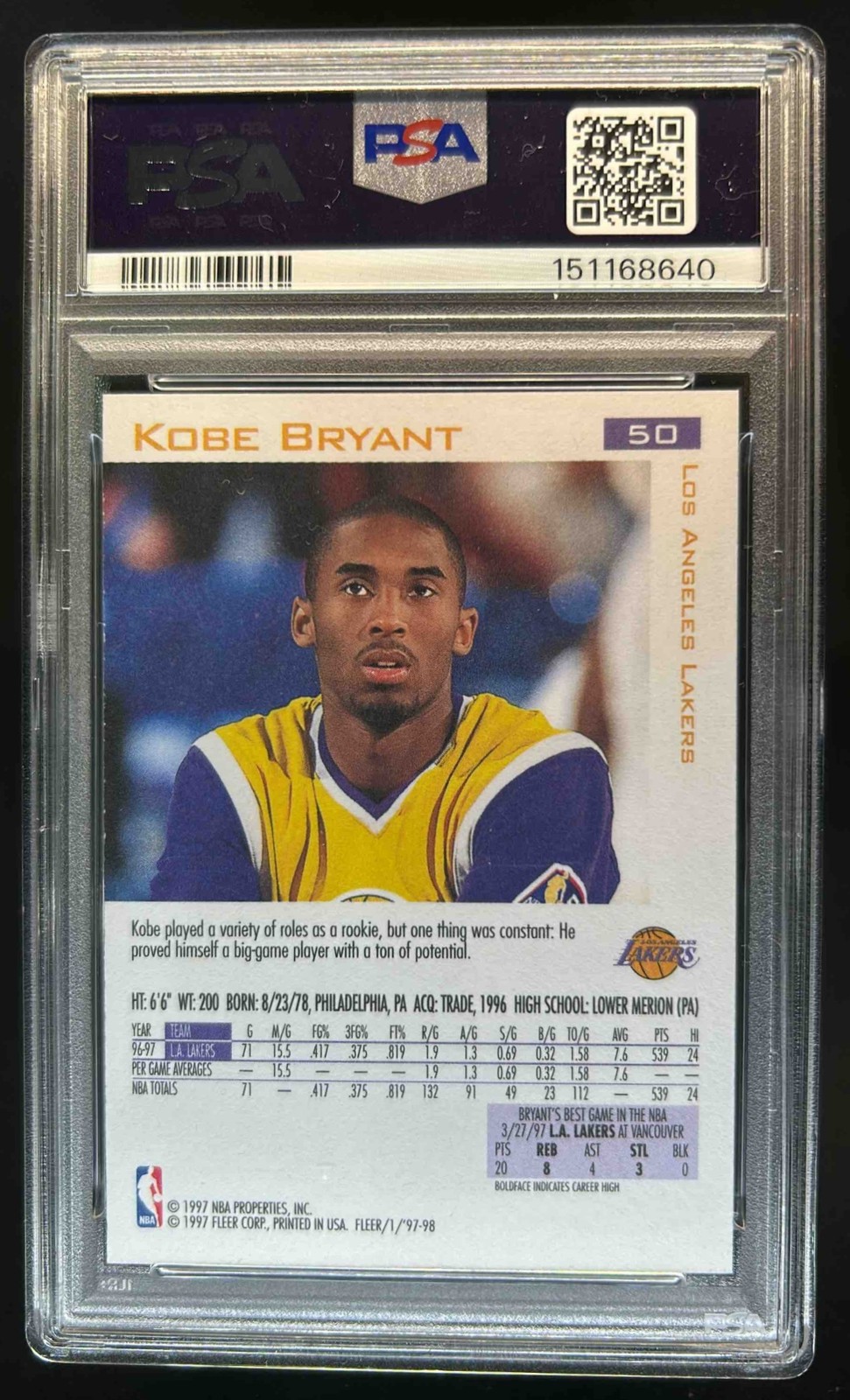 1997-98 Fleer Kobe Bryant #50 Lakers PSA 9 view 2