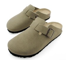 Women's Suede Clogs Soft Cork Footbed Leather Mules Sandals Size 10 Taupe