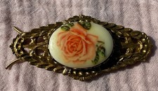 Vintage Rose Floral Cameo Green Leaves Gold Color Barrette