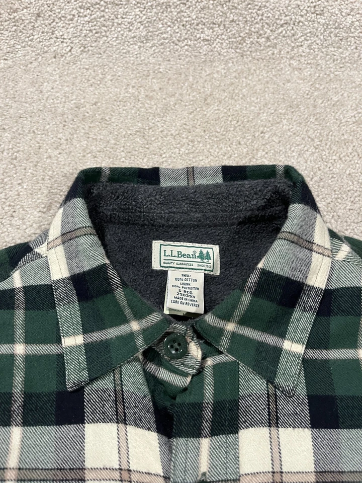 LL Bean Shirt Mens Small Fleece Lined Flannel Shacket Green Plaid Outdoor Hiking - Image 4 of 4