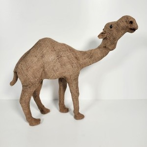 Vintage Rustic Burlap Camel Figurine Glass Eyes 12.5 Inch Tall Jute Folk Art