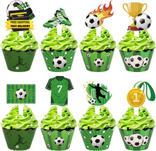 48 Pack Soccer Cupcake Toppers and Wrappers, Soccer Ball Party Cake Decoration f