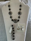 Vintage Trifari Black / Silver Larger Choker Necklace 3 Piece Jewelry Set New