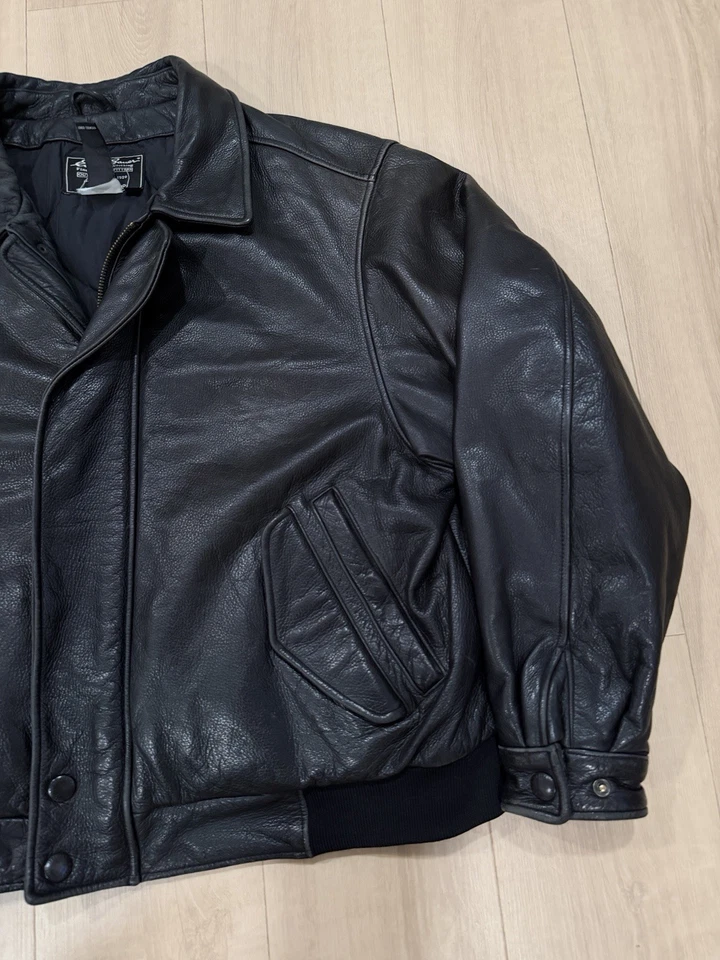 vintage EDDIE BAUER bomber jacket XL black leather GOOSE DOWN motorcycle - Image 3 of 4