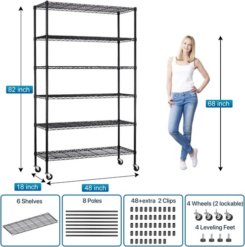 6 Tier Adjustable Storage Shelves Metal Garage Shelf Wire Shelving Unit w/Wheels - Picture 2 of 7