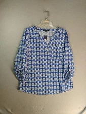 Adrienne Vittadini Womens Top Large Blue Geometric V Neck 3/4 Sleeve Blouse