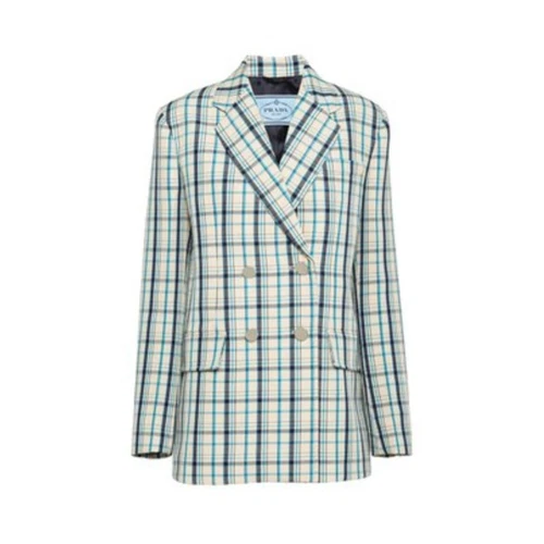 Giacca Blazer PRADA Doppiopetto Gabardine Check Plaid Azzurro Blu Panna 2019