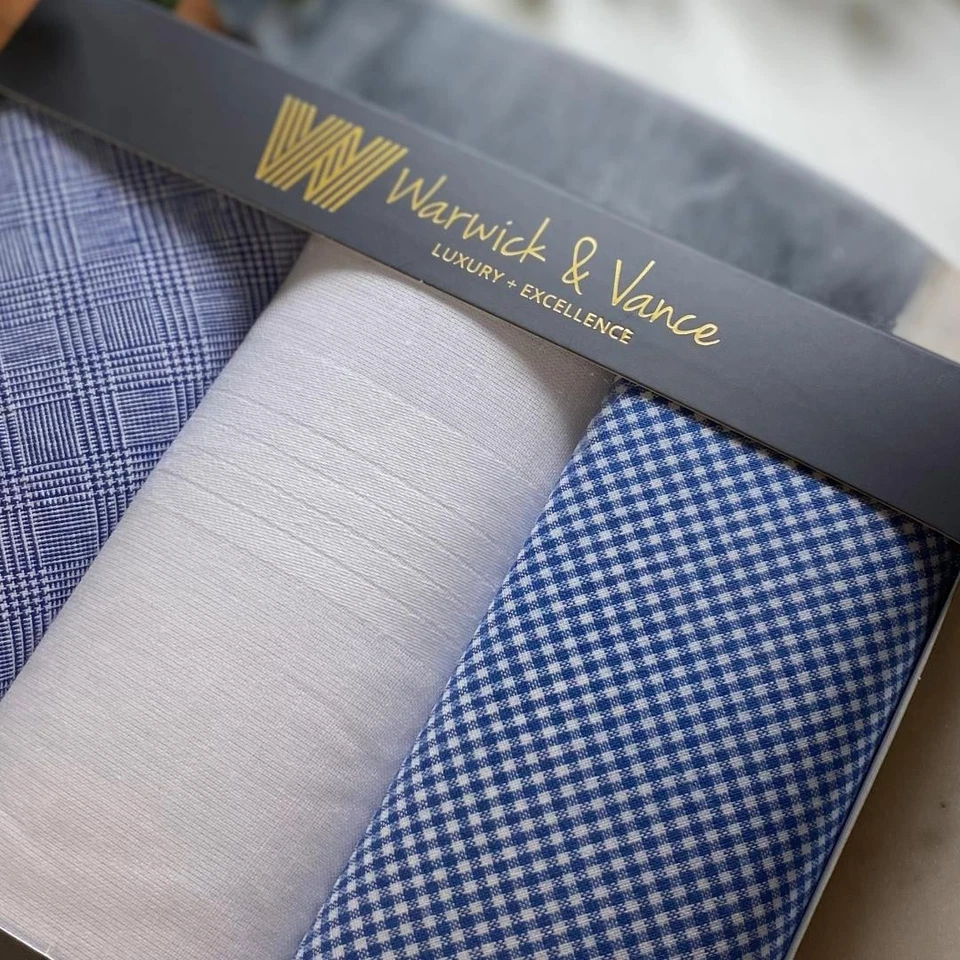 Blue Gingham Men's Handkerchiefs 100% Cotton Gift Boxed 3 Pack - Image 3 of 4