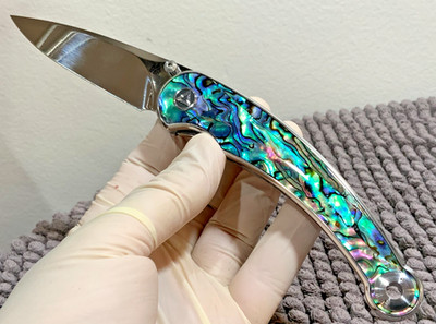 (QS161-D) Dolphin - 14C28N Sandvik Blade - Abalone Inlay - Pocket Curve Knife