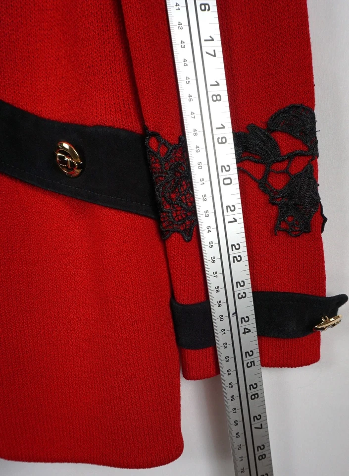ST JOHN BY MARY GREY RED KNIT JACKET LEATHER ACCENTS HOLIDAY SZ 8 - Image 4 of 4