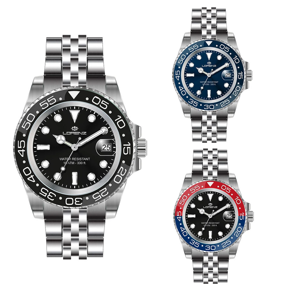 Orologio Uomo LORENZ Bracciale Acciaio Nero Blu Rosso Verde Sub 100mt