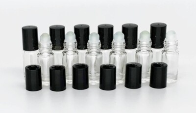 12 Bottles Clear 1/6 oz, 5 ml GLASS Roll On Bottle With Black Cap & Roller New !