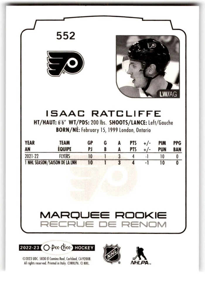 2022-23 O-Pee-Chee Isaac Ratcliffe Rookie #552 Philadelphia Flyers - Image 2 of 2