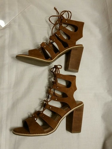 CATO SANDALS Womens Size 10M Brown Strappy Lace Up 4” Chunky Heels Faux Suede - 第 4/11 張圖片