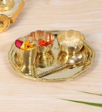 Juego Pooja Thali de latón, juego de 1 Thali, 2 Katori, 1 vaso y 1 cuchara