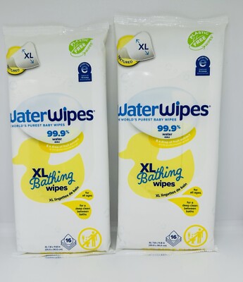 (2) Baby Wipes WaterWipes XL Unscented No-Rinse Textured Bath Wipes 16 ct  Travel