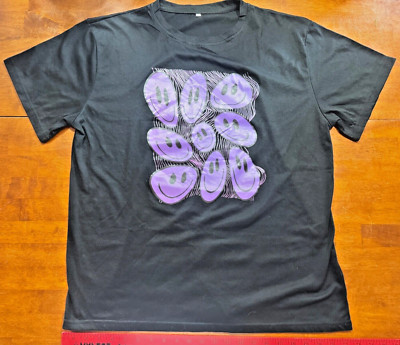Melting Purple Smile Face Retro Happy Emoticon Mens Funny Black T-Shirt Size XL