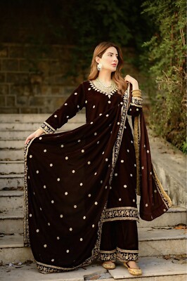 New Pakistani Ready To Wear Velvet Embroidered 3 Piece Suit - Dark Brown  Man'nat