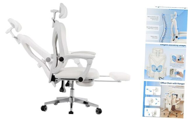 Ergonomic Office Chair with Footrest, Mesh Home Office Desk Chair with Cream-image