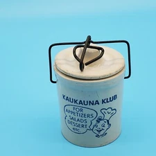 Nice Vintage Kaukauna Klub Stoneware Cheese Crock, Wire Bail Lid, 5" 