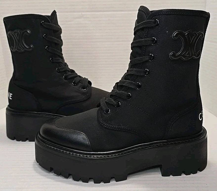 Celine — Size 35 Celine Bulky Laced Up Boot In Nylon And Shiny Bull