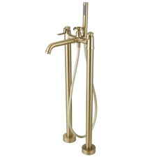 BWE 3-Handle Floor Mount Claw Foot Tub Faucet with Hand Shower in Brushed Gold