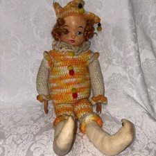 Rare Vintage 20" Handmade Crochet Clown Jester Harlequin Doll - Celluloid Face