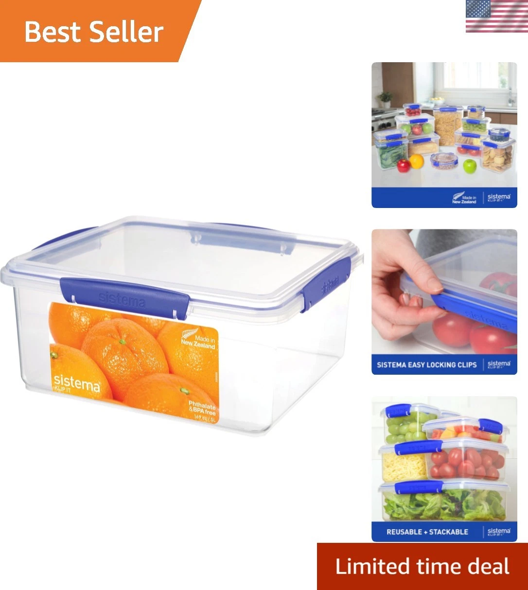 KLIP IT Food Storage Container, 5 L, Airtight & Stackable, BPA-Free, Clear wi...