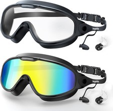 Adult Swim Goggles 2 Pack, Anti-Fog 180  Wide Black/Clear  Aqua/Mirrored